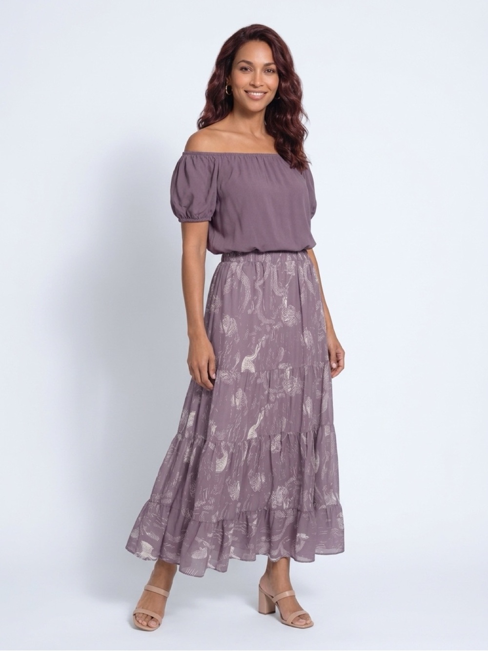 Off-Shoulder Tiered Maxi Skirt Dress in Dusty Mauve